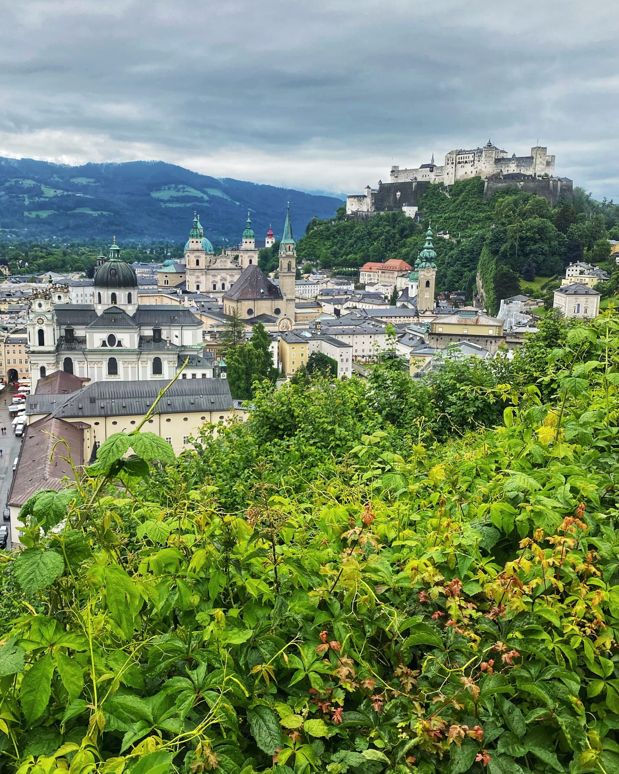 Vista panorámica de Salzburgo, con un castillo histórico, al fondo, rodeado de la ciudad y zonas verdes, mostrando la arquitectura y el paisaje característico de la región.
