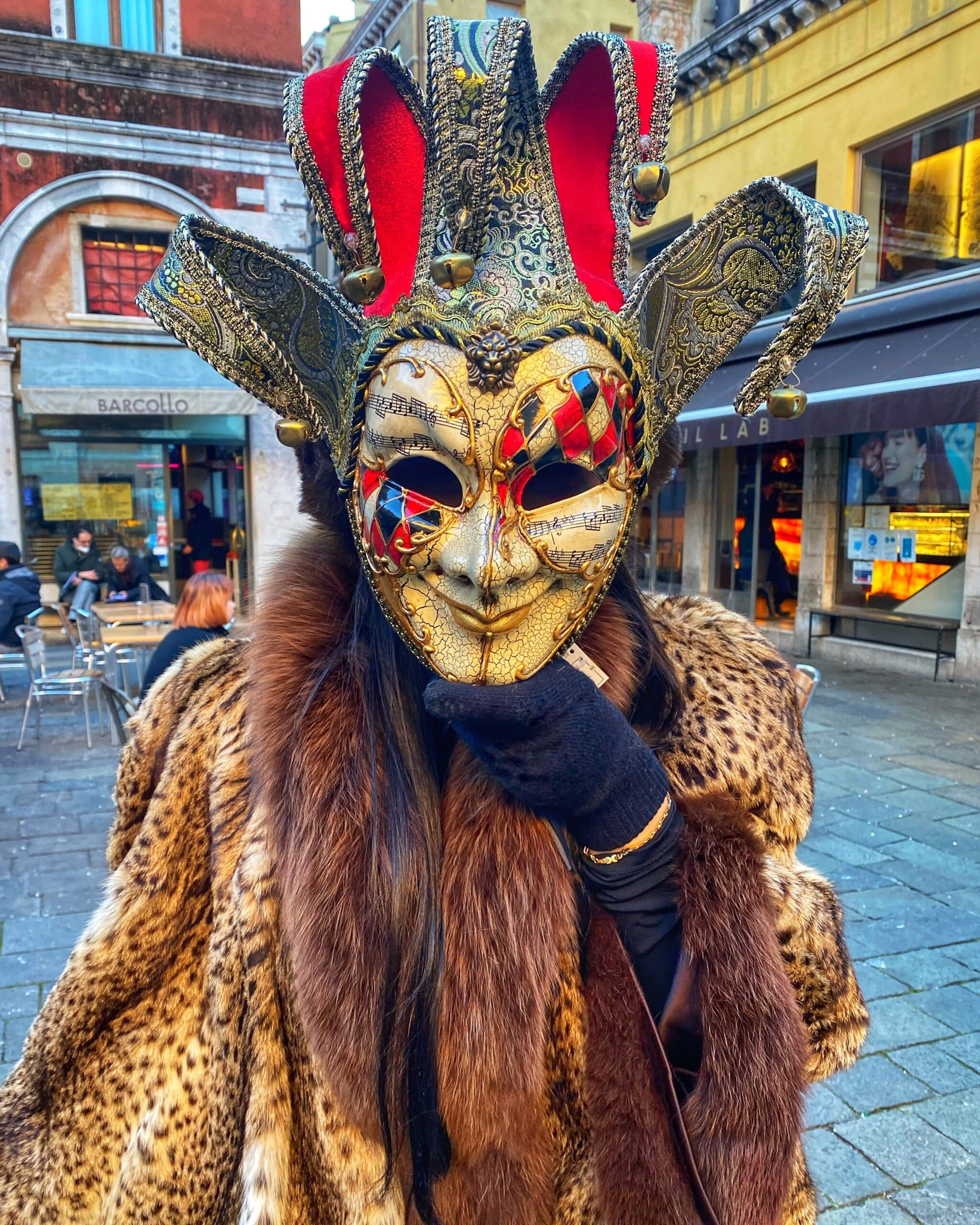 Es una cubriéndose el rostro con una máscara tradicional veneciana, representando la cultura y el carnaval característico de la ciudad.