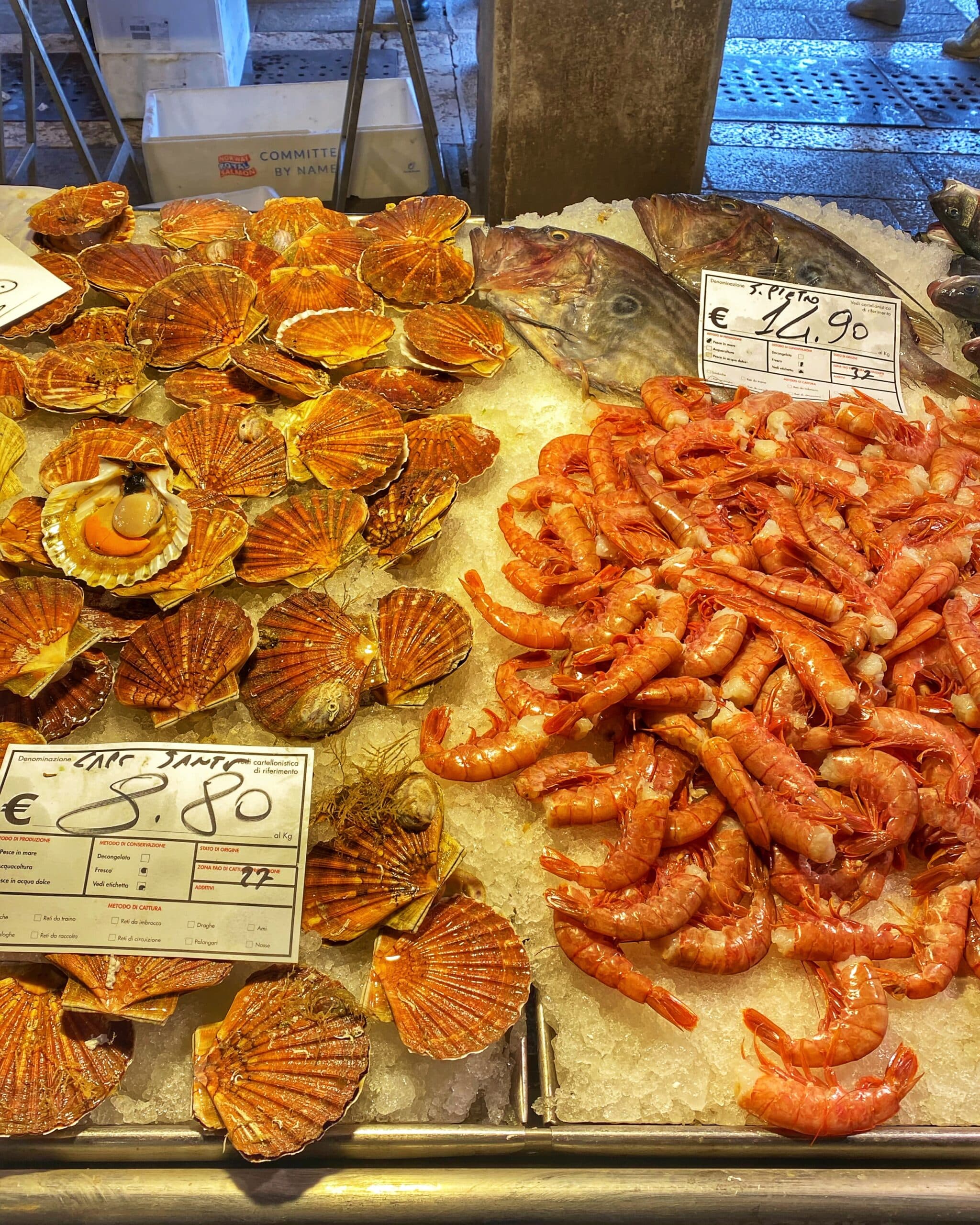 Variedad de pescados y mariscos frescos sobre hielo, mostrando la calidad y frescura típica de los mercados de Venecia.