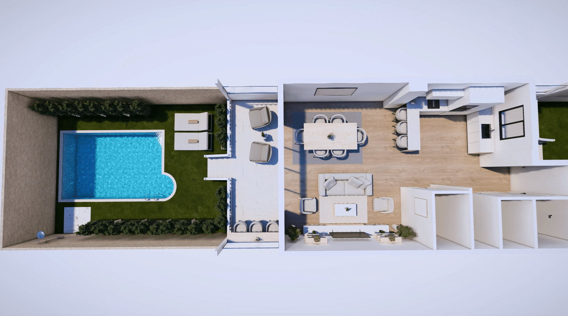 Render 3D de vivienda mostrando la distribución interior de la casa, diseño arquitectónico y visualización inmobiliaria, VidaViva Producciones.