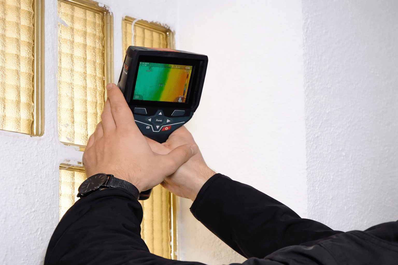 Persona midiendo pérdidas de calor en una vivienda con cámara térmica frente a una ventana, eficiencia energética, VidaViva Producciones.